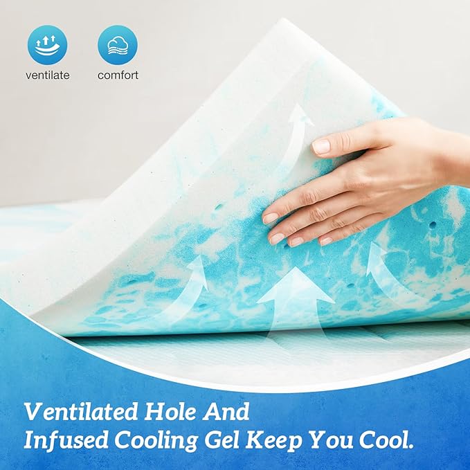 Sweetcrispy Mattress Topper Twin XL, Thick Cooling Gel Infused Memory Foam Bed Toppers for Twin XL Size Bed, 2 Inch Soft Mattress Pads for Sleeper Sofa, RV, Camper, CertiPUR-US Certified, Blue