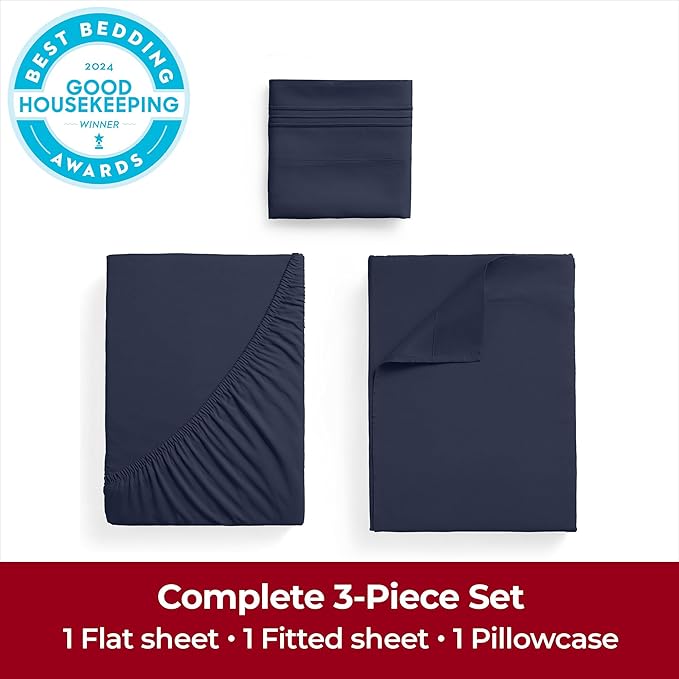 Mellanni Extra Deep Twin XL Sheets - 3 PC Iconic Collection Bedding - Hotel Luxury, Ultra Soft, Cooling Bed Sheets - Wrinkle, Fade, Stain Resistant (Twin Extra Long, Navy Blue)