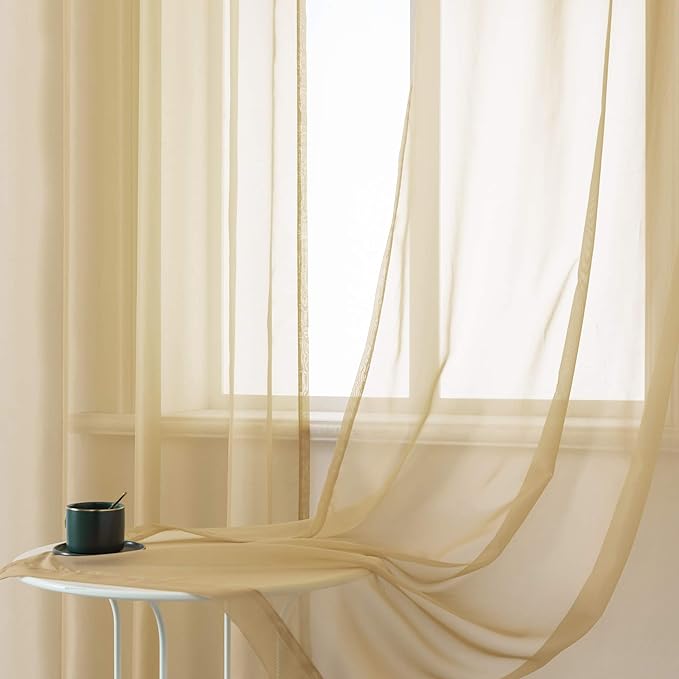 DUALIFE Tan Beige Sheer Curtain 120 Inch Length Light Brown Semi Voile Sheer Curtains Drapes for Living Room and Bedroom Window Treatments 2 Panels 52x120 Inches Long Natural Taupe