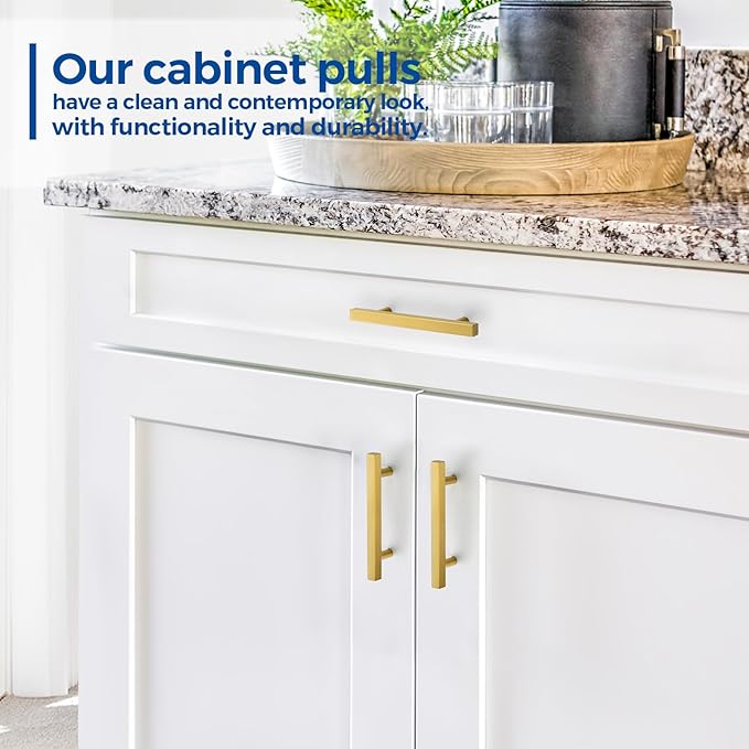 JOY DECOR 30 Pack 3-3/4 Inch Brushed Brass Square Cabinet Handles Stainless Steel Cabinet Hardware Pulls for Kitchen and Drawers with 6 Inch Overall Length