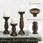 Rustic Wooden Pillar Candle Holders Set of 3, 12'' 9'' 6'' Farmhouse Wood Candle Stand for Table Centerpieces, Vintage Tall Candleholders Fireplace Mantel Decor for Living Room, Dark Brown