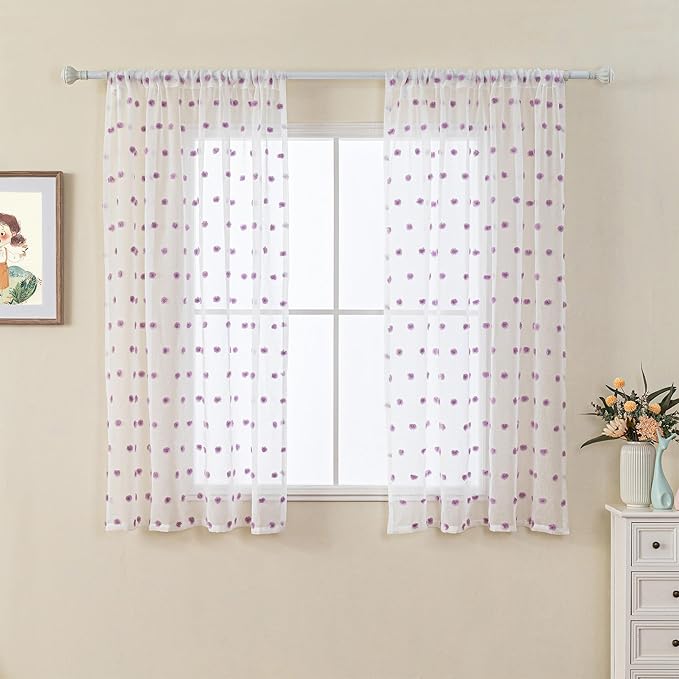 MYSKY HOME 45 Inches Long Kitchen Curtains Small Window Curtains for Bathroom Cafe Bedroom Purple Pom Pom White Semi Sheer Curtains for Nursery Girls Room Rod Pocket 2 Pieces Drapes 52 x 45 inch