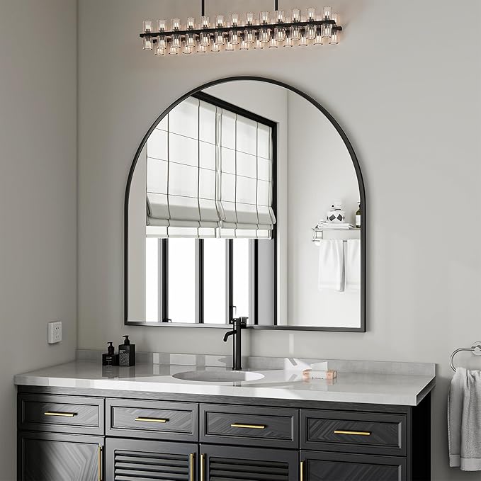 VooBang Wide Arched Wall Mirror, 38 x 40 inch Arch Bathroom Mirror, Wall Mounted Vanity Mirror with Arch Metal Frame, Modern Bathroom Vanity Mirror for Bedroom, Living Room, Hanging or Leaning, Black