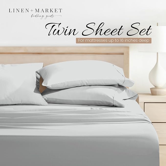Linen Market Double-Brushed Microfiber Twin XL Sheet Set 3 Piece – Oeko-TEX Certified Ultra Soft & Wrinkle-Free - 16" Deep Pocket Sheets - Easy Care Twin XL Size - Light Gray