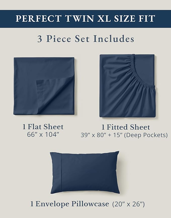 LANE LINEN 100% Organic Cotton Mercerized Twin XL Sheet Set, Reinforced Seams Machine Washable Extra Long Twin Bedding Set, Luxury Hotel Quality Cotton Sheets - Navy