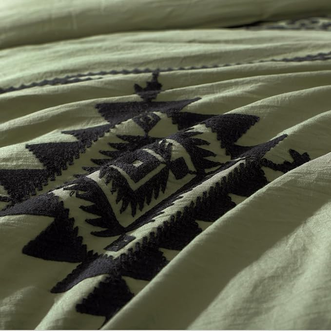 MaiRêve Embroidery King Size Comforter Set Light Olive Green, Farmhouse Western Boho Bedding Set 7 Pieces, All Season Bed in A Bag Comforter Set with Sheets, Pillowcases & Shams