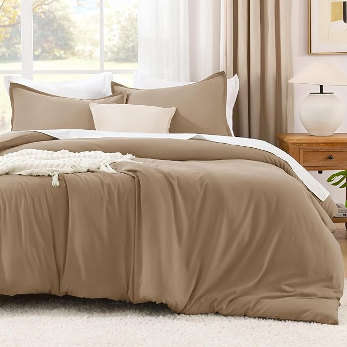 Litanika Taupe Comforter Set Full Size, 3 Pieces Solid Bedding Comforter Set, All Season Fluffy Bed Set (79x90In Comforter & 2 Pillowcases)
