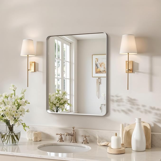 20x16"Bathroom Vanity Mirror for Wall, Aluminum Framed, Farmhouse Rectangle, Anti-Rust, HD Reflection Anti-Desilvering, Distortion Free, Tempered and Shatter-Proof Wall Mounted Mirror, Silver