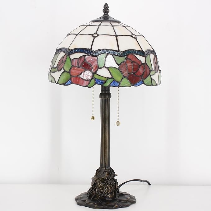 Tiffany Stained Glass Table Lamp 12X12X21Inch Resin Base Desk Bedroom Living Room Reading Light (red Rose)