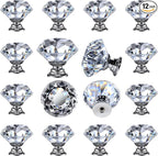 DEELF 12 Packs Kitchen Cabinet Knobs, 40 mm Crystal Cabinet Knobs, Diamond Dresser Handle Drawer Pulls, Dresser Knobs for Cabinets and Drawers, Silver Base