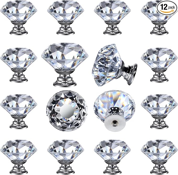 DEELF 12 Packs Kitchen Cabinet Knobs, 40 mm Crystal Cabinet Knobs, Diamond Dresser Handle Drawer Pulls, Dresser Knobs for Cabinets and Drawers, Silver Base