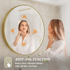 24 Inch Round LED Bathroom Mirror, Gold Metal Framed Lighted Mirror for Bathroom, Wall Mouted LED Vanity Mirror with Lights, 3 Colors and Stepless Dimmable, Anti-Fog, Memory