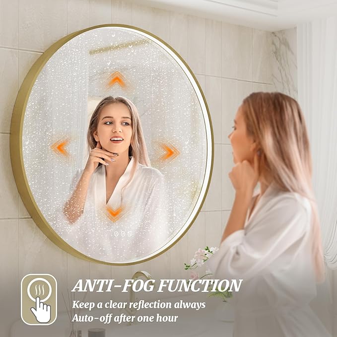 24 Inch Round LED Bathroom Mirror, Gold Metal Framed Lighted Mirror for Bathroom, Wall Mouted LED Vanity Mirror with Lights, 3 Colors and Stepless Dimmable, Anti-Fog, Memory