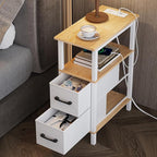 Narrow Side Table for Small Spaces, Skinny End Table with Charging Station, Sofa Beside Table with 2 Fabric Drawers and 1 Open Compartment, Slim Nightstand with USB Ports Outlet, White and Nature Wood