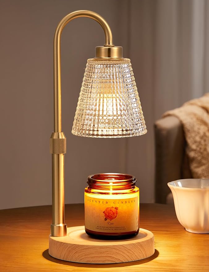 Innqoo Wood Color& Clear Candle Warmer Lamp with Timer, Dimmable Candle Warmer for Jar Candles, Height Adjustable Wax Melts Warmer, Birthday Gifts for Women Mom, House Warming Gifts New Home Decor