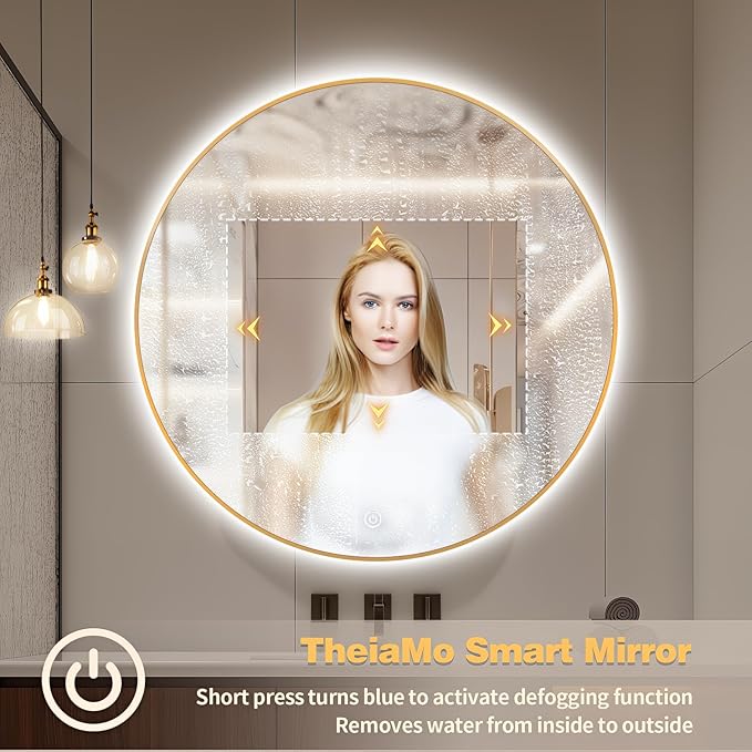 24" Round LED Bathroom Mirror, Wall Mounted Round Backlit Mirror LED Bathroom Vanity Mirror with Light Fog Free Circle Lighted Mirror with Gold Frame, Smart Light up Mirror 3-Color