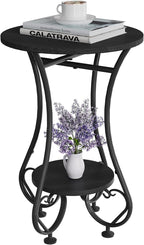 Side Table,Small Round End Table for Small Spaces - Round Bedside Nightstand Table with Metal Frame,Couch Sofa Coffee Table,Retro Accent Table for Living Room Bedroom Balcony,Black,Upgraded Version