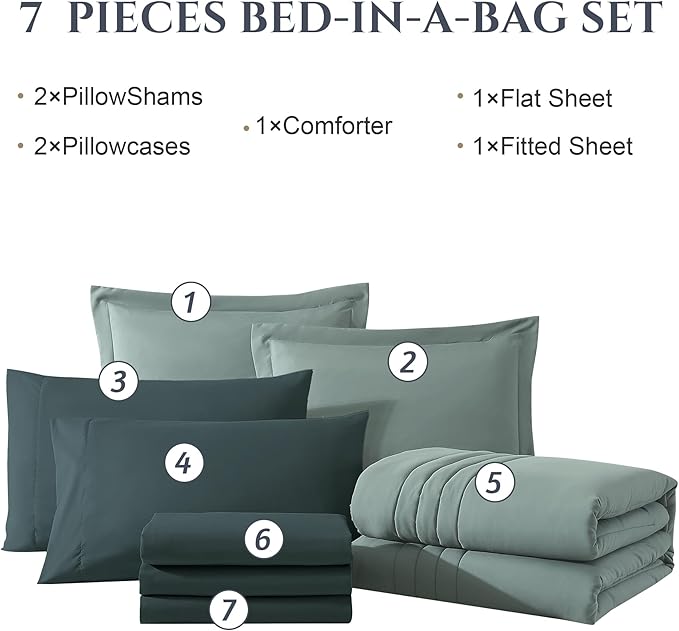 Monbix Queen Comforter Set - 7 Pieces Sage Green Bed in a Bag Queen Bedding Sets with Comforters, All Seasons Comforter Bed Set with Sheets,Pillowcases & Shams