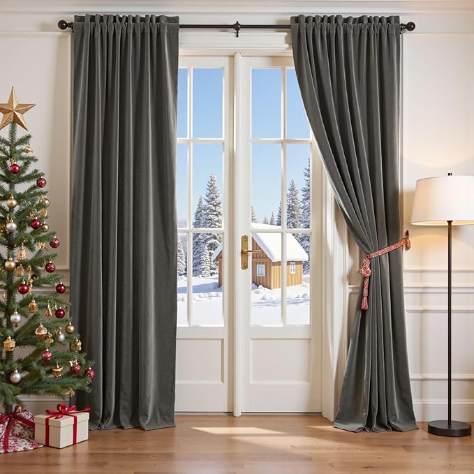 Lazzzy Velvet Blackout Curtains Thermal Insulated Room Window Drapes Super Soft Luxury Curtains for Living Room Bedroom Rod Pocket 2 Panels, Grey, 42" W x 108" L