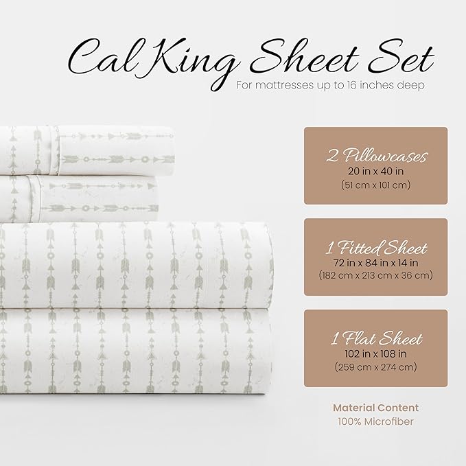Linen Market Double-Brushed Patterned Microfiber California King Sheet Set 4 Piece – Oeko-TEX Certified Ultra Soft & Wrinkle-Free - 16" Deep Pocket Sheets Easy Care Cal-King Size - Beaded Arrows Gray