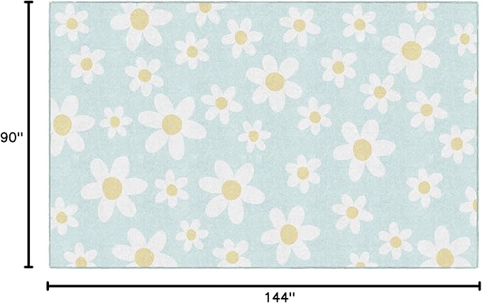 Flagship Carpets Schoolgirl Style White Daisies on Blue Educational Area Rug for Kids Room Seating Décor, Children's Classroom, Play Carpet for Teaching and Playroom, 7'6" x 12'