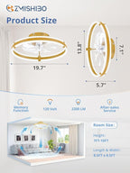 ZMISHIBO Ceiling Fans with Lights and Remote, 19.7'' Low Profile Ceiling Fan, 3000-6000K Dimmable Modern Flush Mount LED Fan Light, 6 Wind Speeds, Gold Fandelier Ceiling Fans for Bedroom