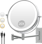 1X/20X Wall Mounted Makeup Mirror with Lights, 8" Double Sided Bathroom Magnifying Mirror with 360° Extension Arm, Dimmable, Rechargeable, Touch Control, Chrome