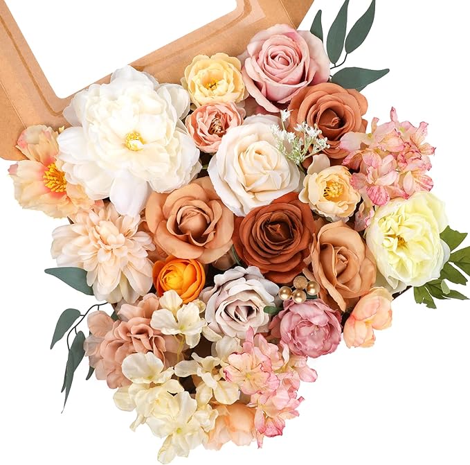 AmyHomie Champagne Artificial Flowers Combo Silk Mix Peony Rose Hydrangea Fake Flowers w/Stem for DIY Wedding Bouquets Centerpieces Arrangements Table Party Bridal Baby Shower Home Fall Decor