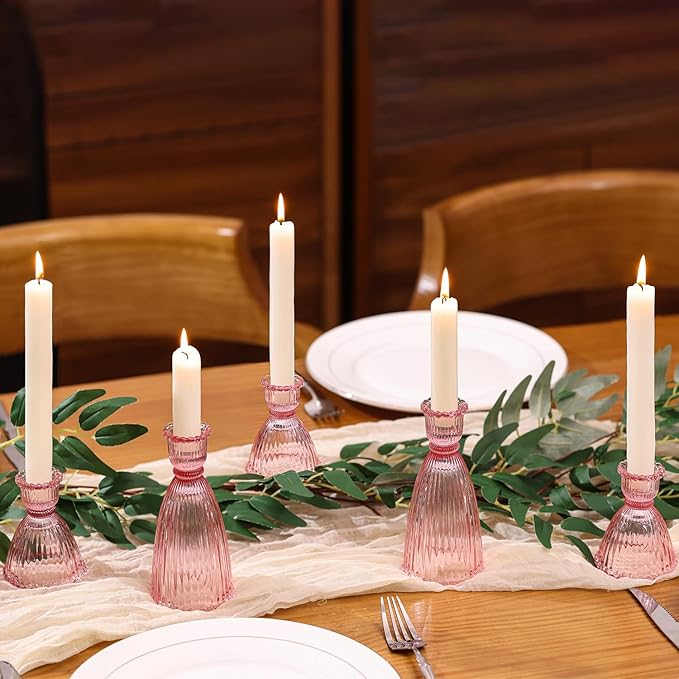 LAMORGIFT Pink Candle Holder Set of 6-4pcs 3.5"& 2pcs 6" Assorted Glass Pink Candlesticks Holder for Wedding Decor, Ribbed Taper Candle Holders Bulk for Bridal Shower, Home Table Centerpieces