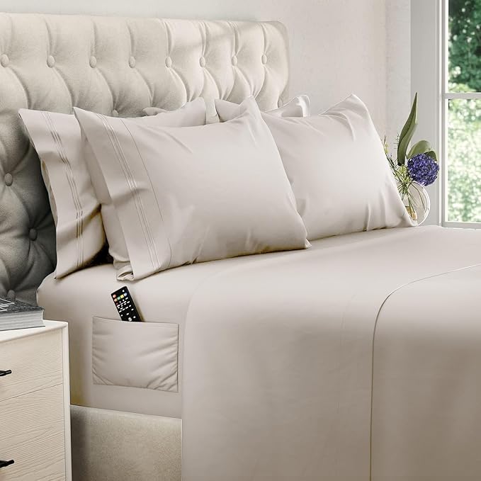 DREAMCARE King Size Sheets Set – 6 pcs Cooling Bed Sheets – up to 15” Deep Pocket King Sheet Set – 2500 Supreme Collection – Extra Soft 100% Brushed Microfiber Hotel Luxury with Side Pocket – Beige