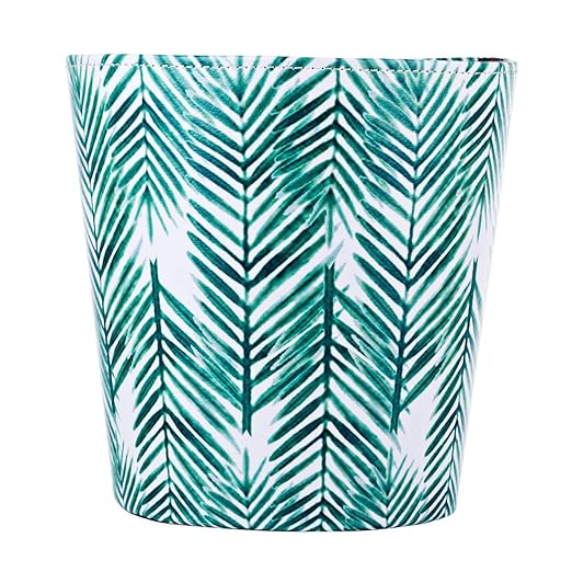 Paper Wastebasket Without Lid PU Leather Round Decorative Trash Bin Garbage Can Dustbin for Hotel Dormitory Kitchen Bedroom Bathroom Office Green Leaves