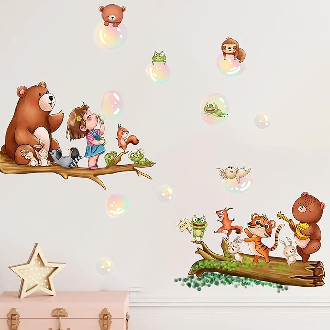 Cute Animal Wall Stickers Decals Kid Room Nursery Baby Bedroom Décor (Girl Blowing Bubbles)