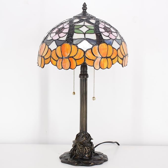 Tiffany Stained Glass Table Lamp 12X12X21Inch Resin Base Desk Bedroom Living Room Reading Light (Orange Flower)
