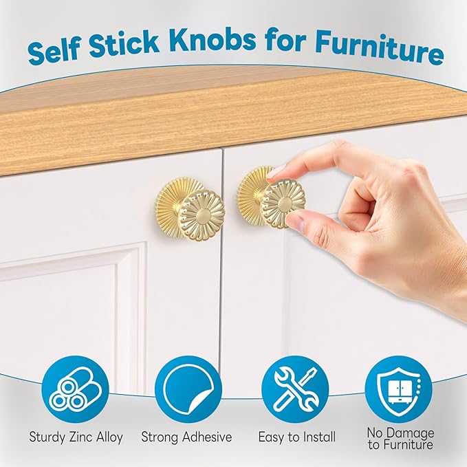 Self Adhesive Drawer Knobs, 8 Pack Self Stick Door Pull Handles, Zinc Alloy No Drilling Cabinet Knobs for Drawer, Closet, Window, Dresser, Sliding Barn/Glass Shower/Balcony Door (8, Gold)