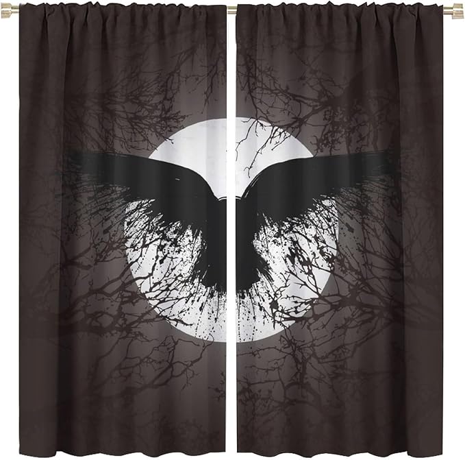Cool Raven Print Curtains - Vintage Nordic Viking Theme Dead Tree Crow Full Moon Thermal Insulated Blackout Curtains - Rod Pocket Window Treatment Drapes for Bedroom 2 Panels 63L x 31.5W