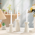 Honeydak Set of 3 Ceramic Taper Candle Holder Cream White Candlestick Holder Fluted Candle Stick Stand Boho Nordic Modern Decorative Table Centerpiece Wedding Home Dinner Party Housewarming Gift