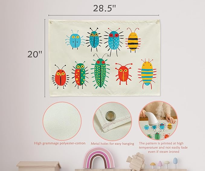 Insects Theme Education Rectangular Canvas Banner-Boho Flag Wall Decor for Boy Girl Kids,Nursery Above Crib Bedroom Reading Room Playroom Teacher Office Decor-Baby Shower Birthday Christmas Gift