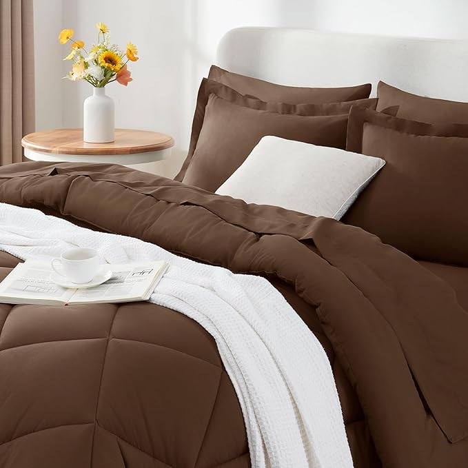 CozyLux King Size Comforter Set Brown - 7 Pieces Bed in a Bag King, Luxury Soft Bed Set for All Seasons, Bedding Set with Down Alternative Comforter, Sheets, Pillowcases & Shams