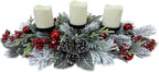 Christmas Candle Holder 3 Candle Holders Xmas Table Centerpiece with Snow Flocked Pine Branches,Pinecones, Red Berries