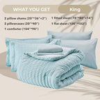 HYMOKEGE Lake Blue King Size Comforter Set Seersucker 7 Pieces, All Season Luxury Bed in a Bag for Bedroom, Bedding Set with Comforters, Sheets, Pillowcases & Shams