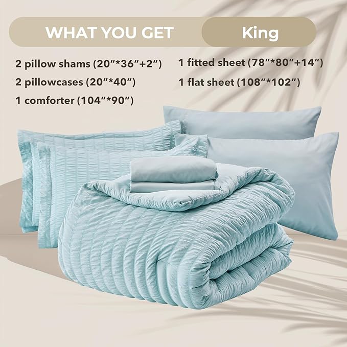 HYMOKEGE Lake Blue King Size Comforter Set Seersucker 7 Pieces, All Season Luxury Bed in a Bag for Bedroom, Bedding Set with Comforters, Sheets, Pillowcases & Shams