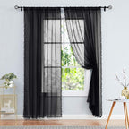 Treatmentex Modern Black Sheer Curtains for Studio 72 inches Long Bedroom Curtain Panels Living Room Bedroom Pom Pom Window Drapes 2-Pack