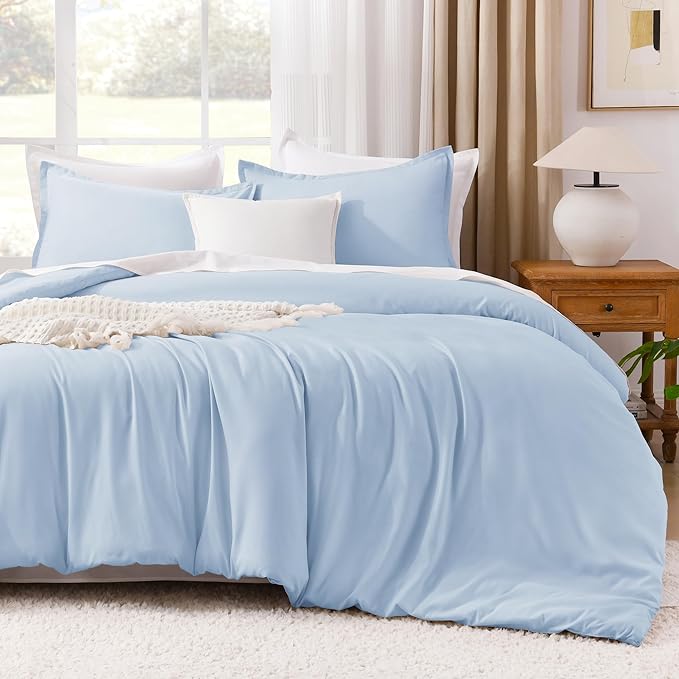 Litanika Comforters Light Blue King Size, 3 Pieces Lightweight Solid Bedding Comforter Set, All Season Fluffy Bed Set (104x90In Comforter & 2 Pillowcases)