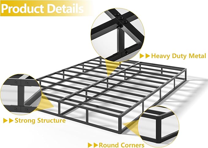Qingzhou Box Spring for Queen Bed, 7 Inch High Metal Queen Box Spring Only, Heavy Duty Mattress Foundation with Fabric Cover, Easy Assembly, Quiet Noise Free, Non Slip, Black