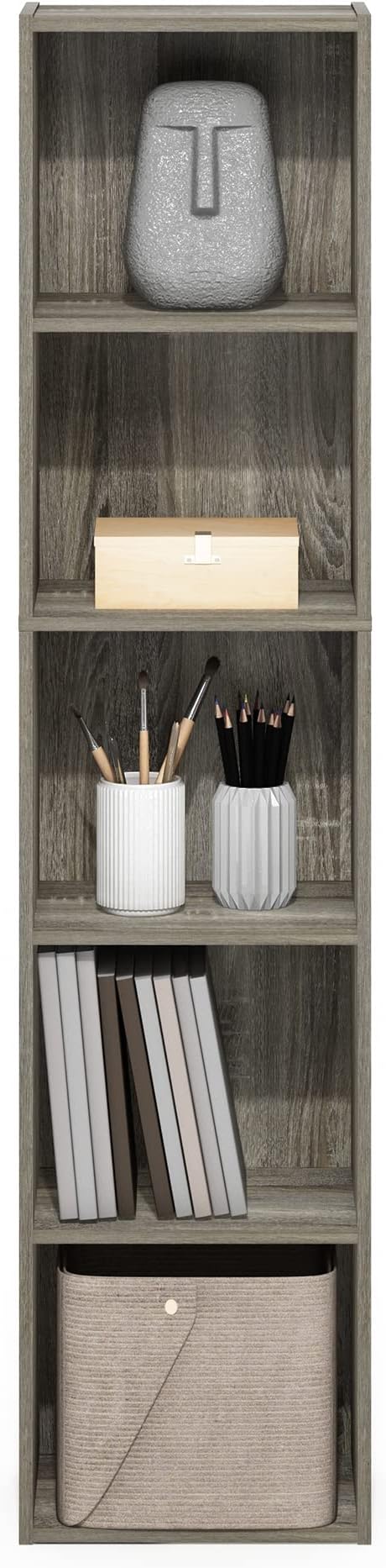 Furinno PASIR Book Shelf, 5-Tier Modern Bookshelf, Open Shelves Bookcase 9" x 12" x 52", for Living Room, Bedroom, Home Office, French Oak