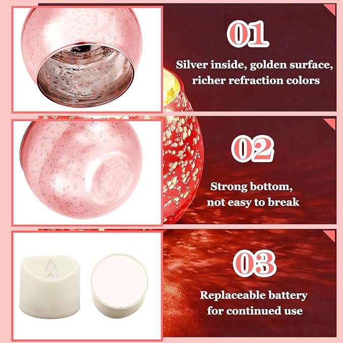 Rtteri 24 Set Votive Candle Holders Wedding Centerpiece Table Decorations Speckled Mercury Glass Votive Candle Holders with Tea Lights Birthday Party Decorations for Home (Pink)