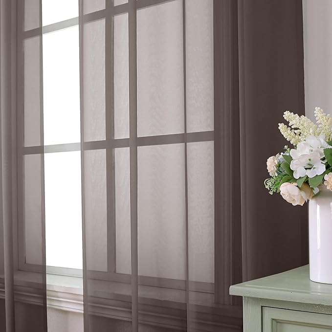 Aiyufeng Chocolate Sheer Curtains 72 Inches Long 2 Panels, Solid Voile Top Dual Rod Pockets Stylish Breathable Drapes Window Treatment for Kid's Room/Bedroom/Living Room, 42W x 72L, Chocolate Brown