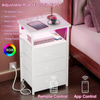Fixwal White Nightstand with Charging Station, LED Night Stand with 3 Fabric Drawers and Open Shelf, Bedside End Table in Living Room