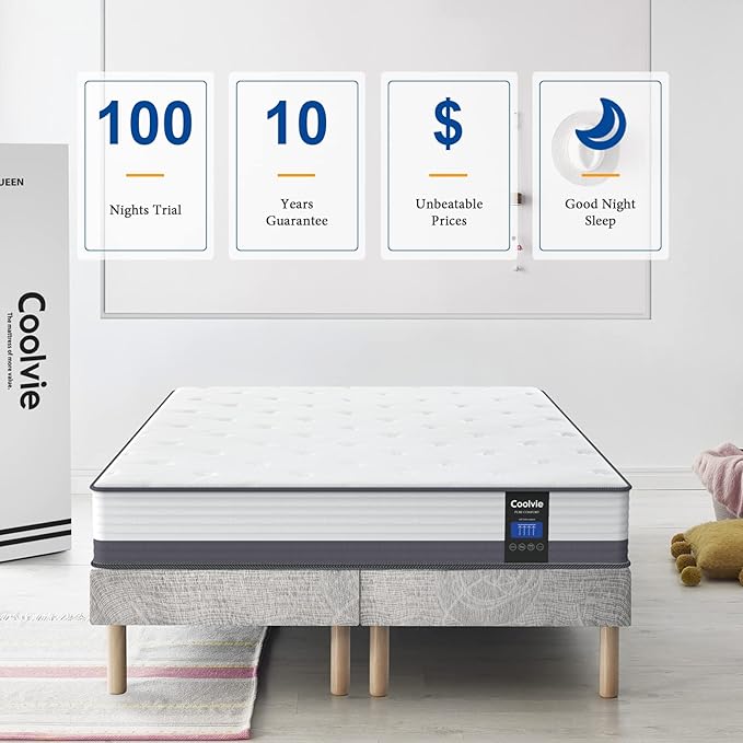 Coolvie Twin XL Mattress 10 Inch Twin XL Hybrid Mattress, Low Motion Transfer & Breathable Bed Mttresses in A Box, Built in Pocketed Coils and Gel Memory Foam Layer, Avaliable in Adjustable Bed