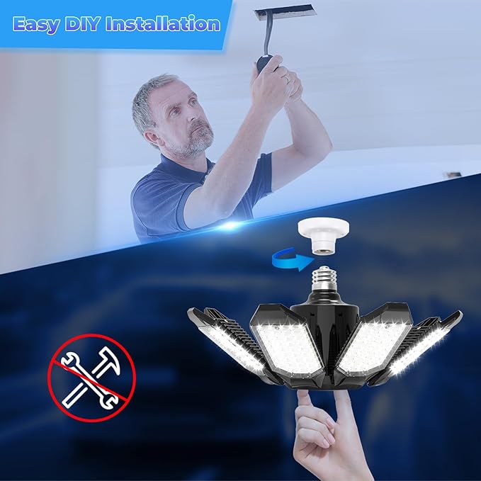 Garage Lights - Super Bright 25000LM Garage Lights Ceiling Led w/ 8 Deformable Panels 6500K Led Light Bulb Srew in E26/E27 Socket with Adjustable Center Spotlight for Barn Workshop Attic